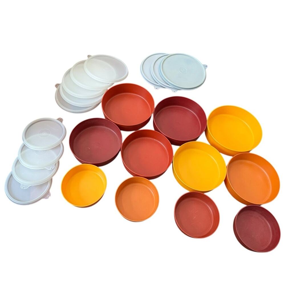 Tupperware Cereal Popcorn Bowls with‎ Lids Harvest Colors Red Orange Yellow READ